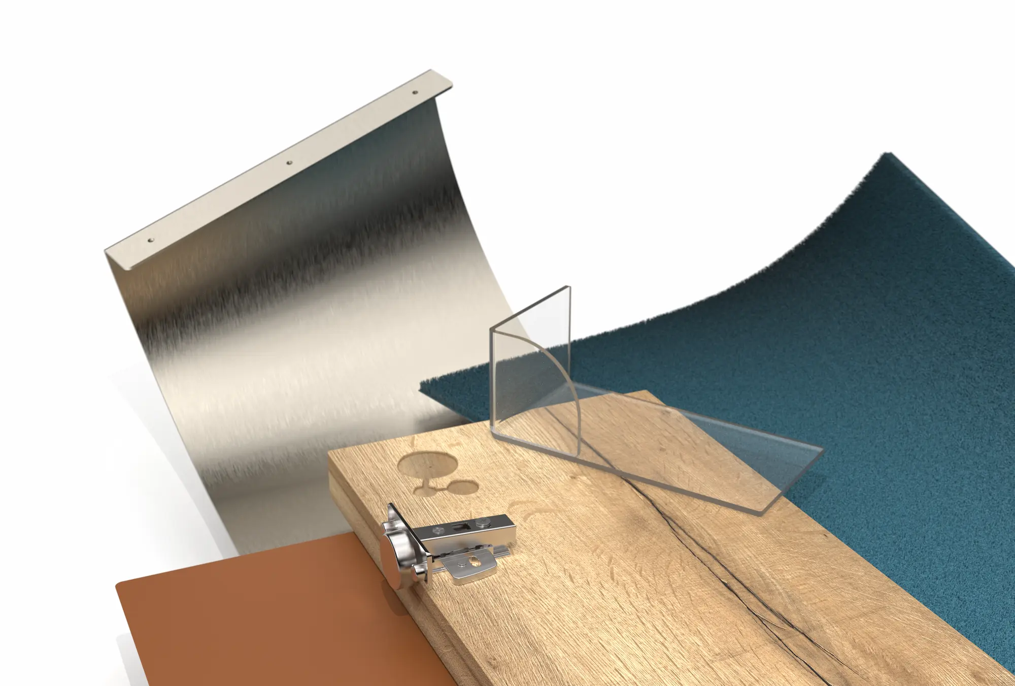 Render van materialen in IronCAD van hout met scharnier, metaal, kunst(stof).