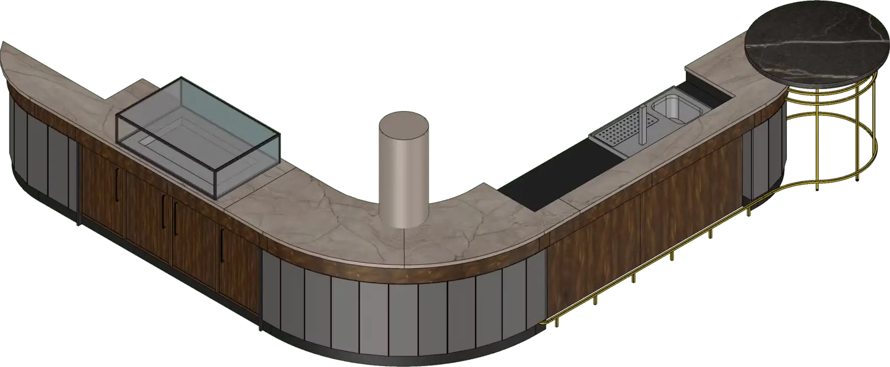 Render van een luxe bar met verfijnde details, gemaakt in IronCAD 3D-software.